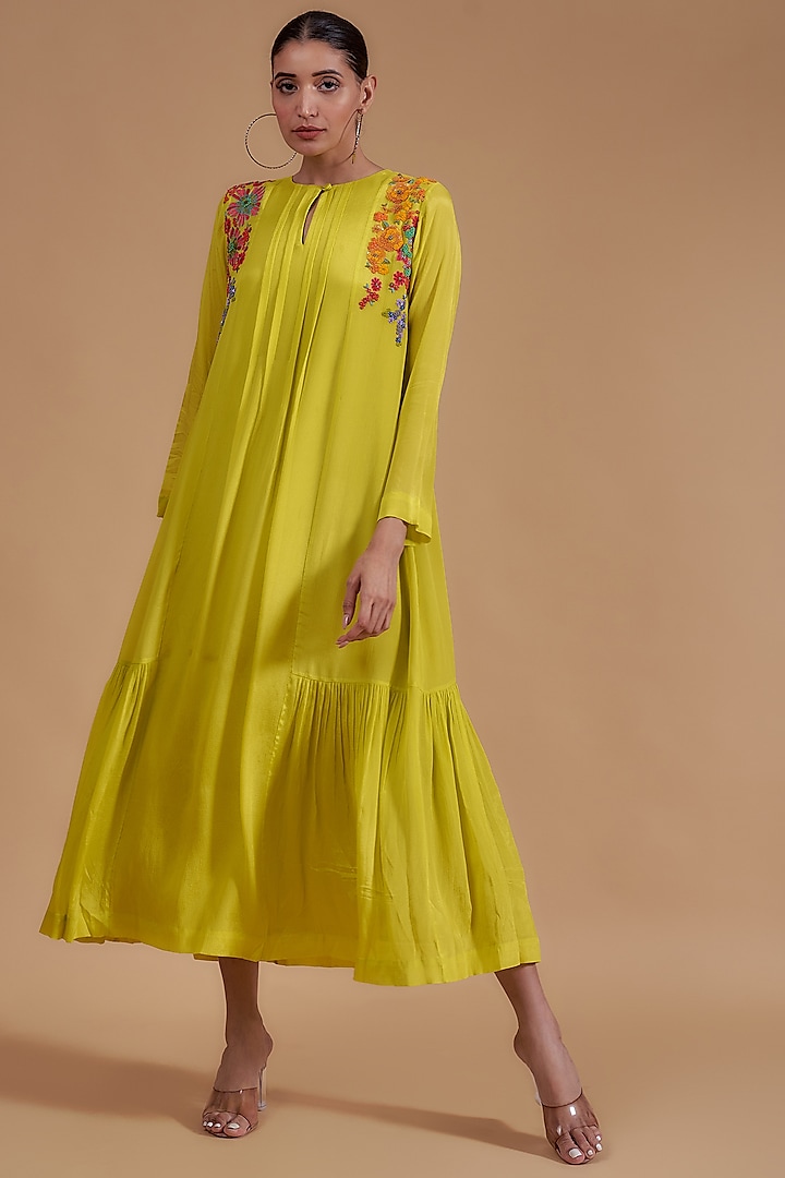 Yellow Crepe Chiffon Embroidered Dress by Half Full Curve at Pernia's Pop Up Shop