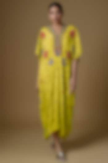Green Crepe Chiffon Hand Embroidered Square Kaftan by Half Full Curve at Pernia's Pop Up Shop