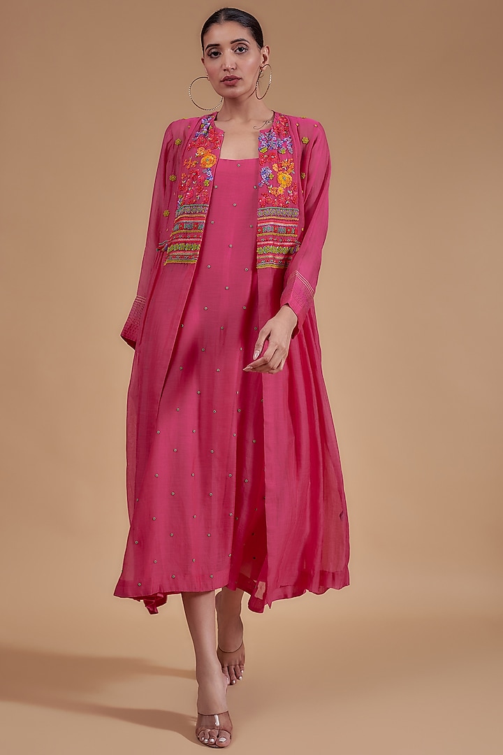 Pink Fine Chanderi Embroidered Jacket Dress by Half Full Curve
