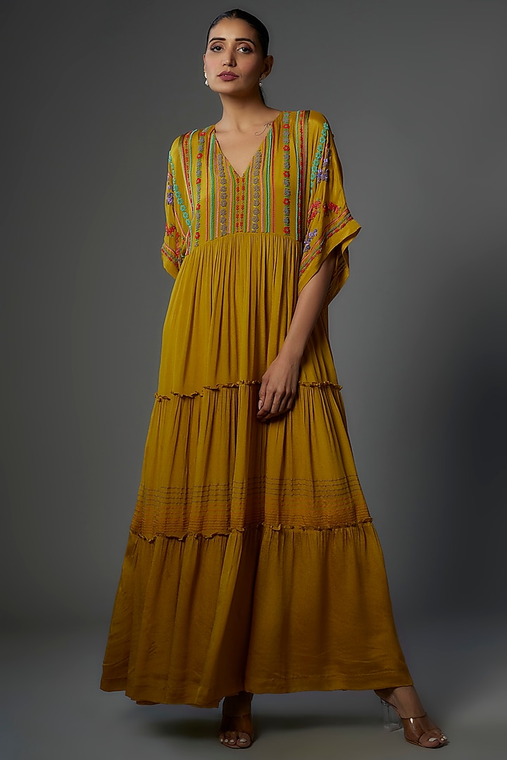 Mustard Crepe Chiffon Embroidered Maxi Dress by Half Full Curve