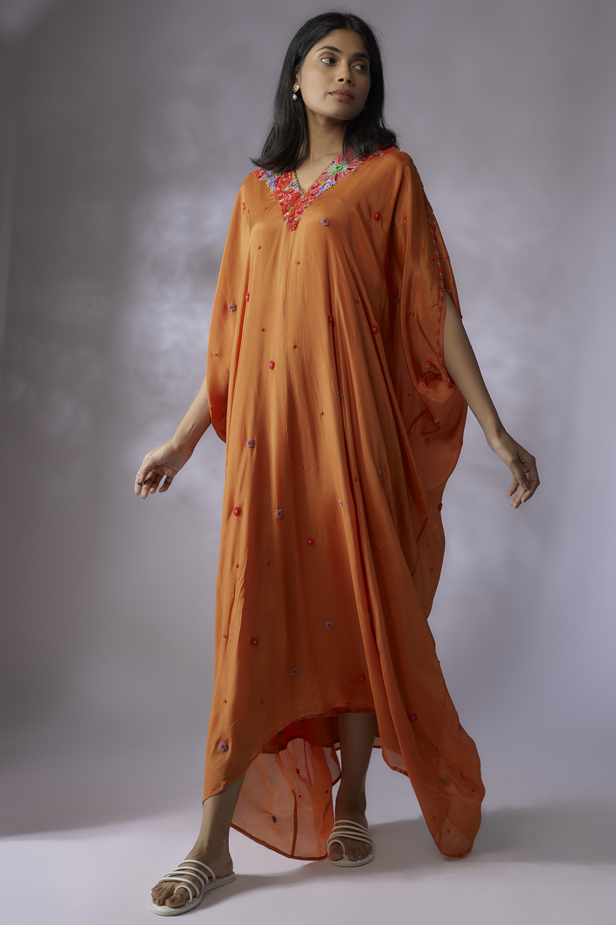 Orange Crepe Chiffon Hand Embroidered Kaftan by Half Full Curve at Pernia's Pop Up Shop