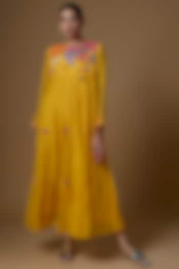 Yellow Chanderi Hand Embroidered Tiered Dress by Half Full Curve at Pernia's Pop Up Shop