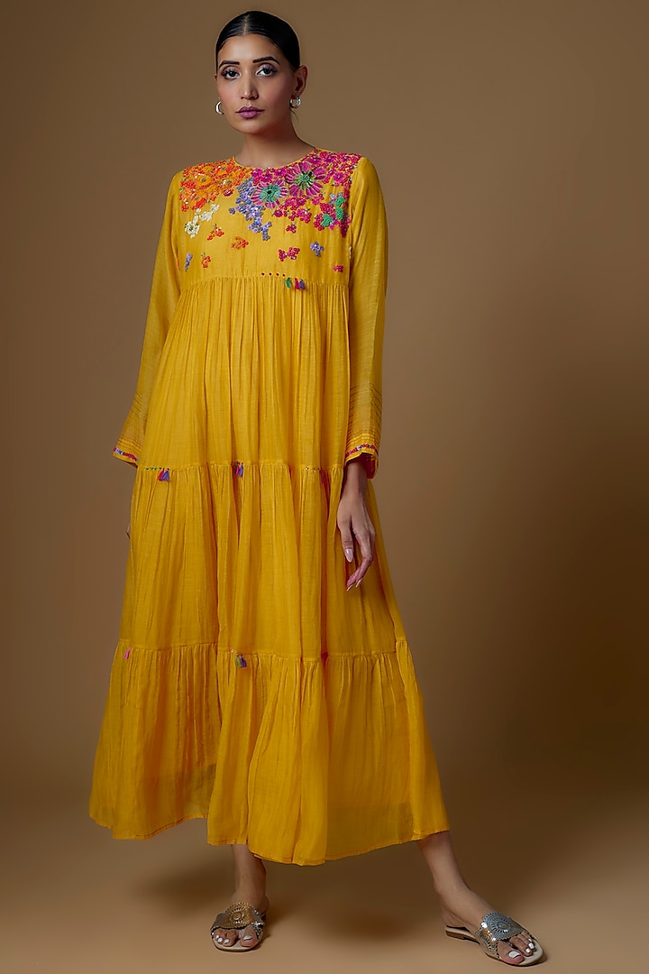 Yellow Chanderi Hand Embroidered Tiered Dress by Half Full Curve at Pernia's Pop Up Shop