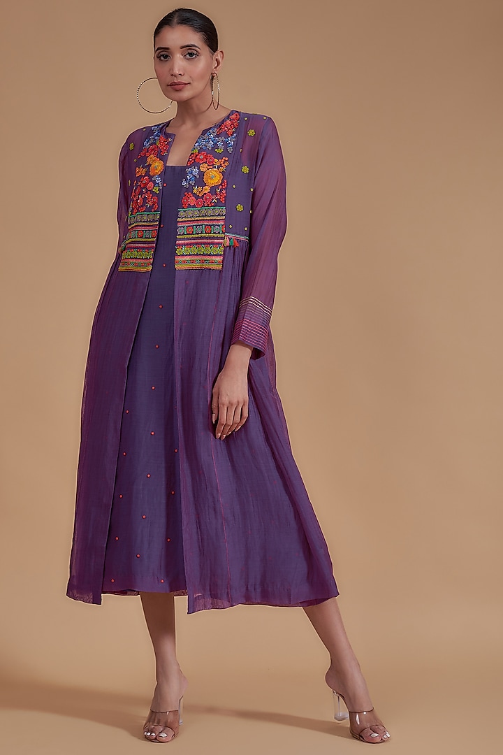 Purple Fine Chanderi Hand Embroidered Jacket Dress by Half Full Curve