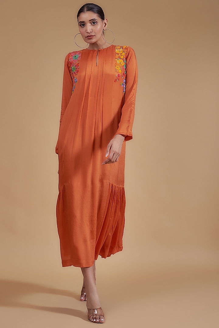 Orange Crepe Chiffon Hand Embroidered Dress by Half Full Curve
