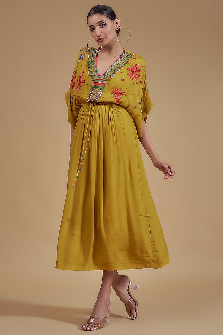 Yellow Crepe Chiffon Hand Embroidered Dress by Half Full Curve at Pernia's Pop Up Shop