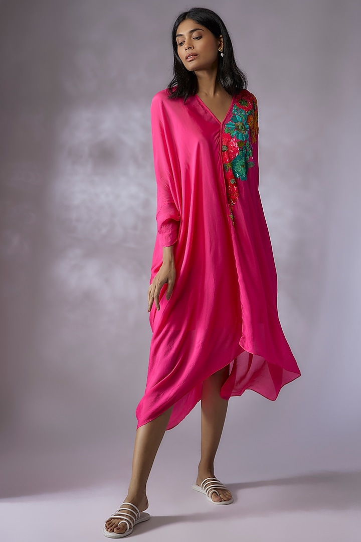 Pink Crepe Chiffon Hand Embroidered Dress by Half Full Curve