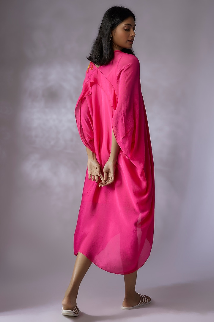 Pink Crepe Chiffon Hand Embroidered Vacation Dress by Half Full Curve at Pernia's Pop Up Shop