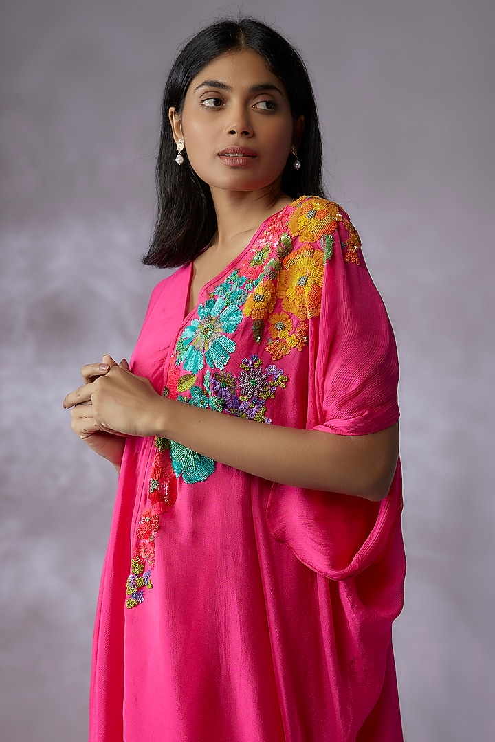 Pink Crepe Chiffon Hand Embroidered Vacation Dress by Half Full Curve at Pernia's Pop Up Shop