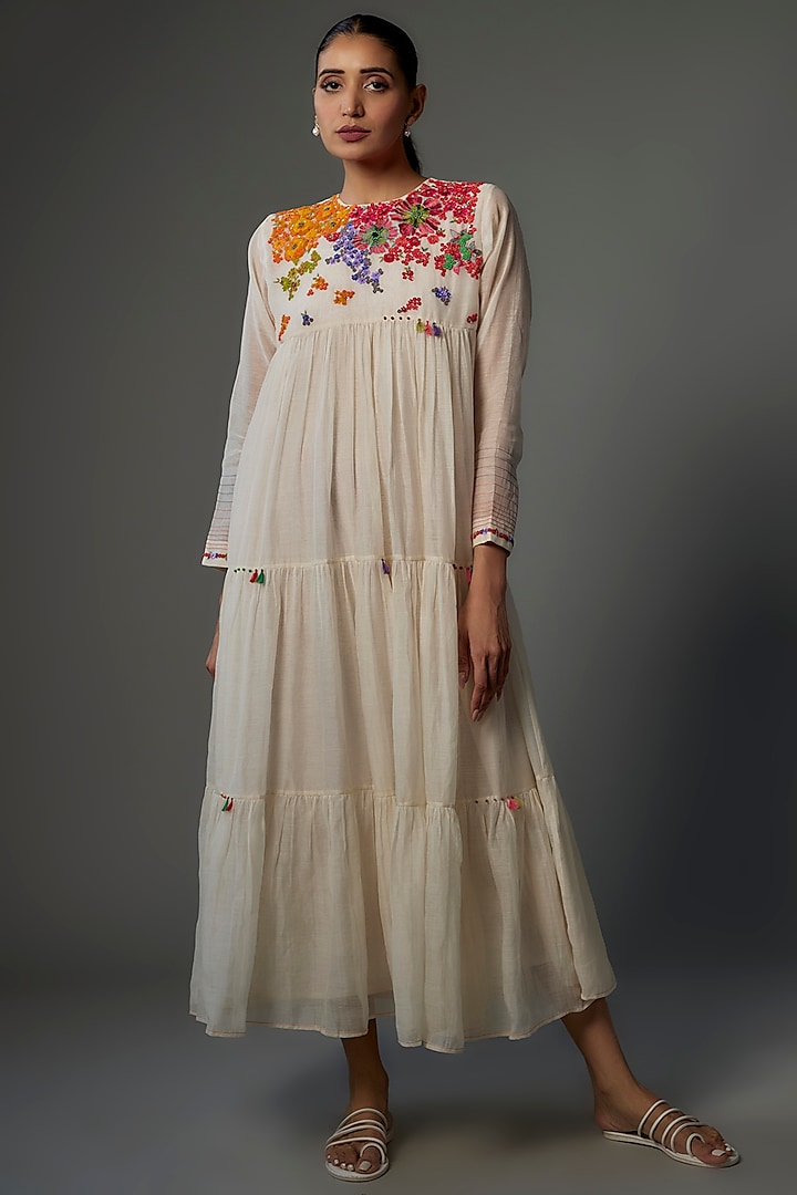 Ivory Fine Chanderi Hand Embroidered Tiered Dress by Half Full Curve