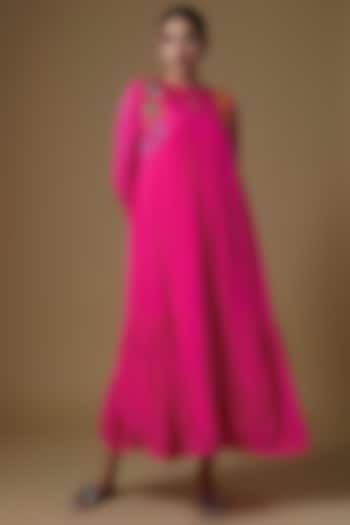 Pink Crepe Chiffon Hand Embroidered Frilled Vacation Dress by Half Full Curve at Pernia's Pop Up Shop