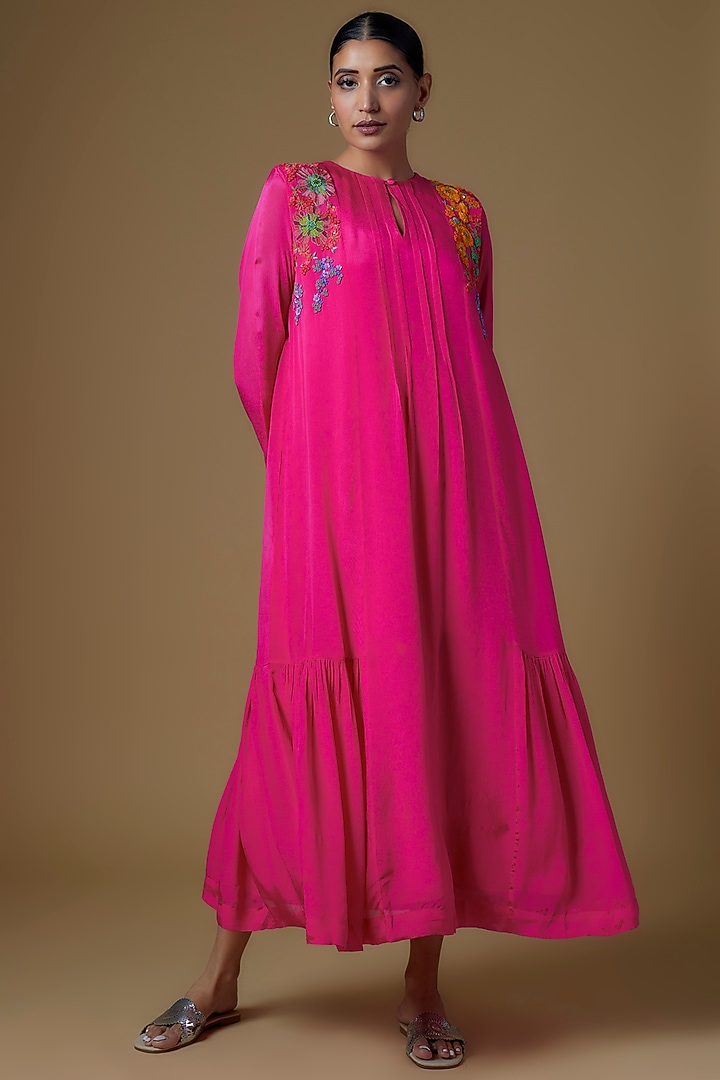 Pink Crepe Chiffon Hand Embroidered Frilled Vacation Dress by Half Full Curve at Pernia's Pop Up Shop