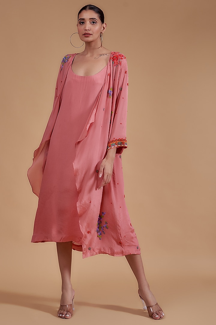 Pink Crepe Chiffon Hand Embroidered Jacket Dress by Half Full Curve