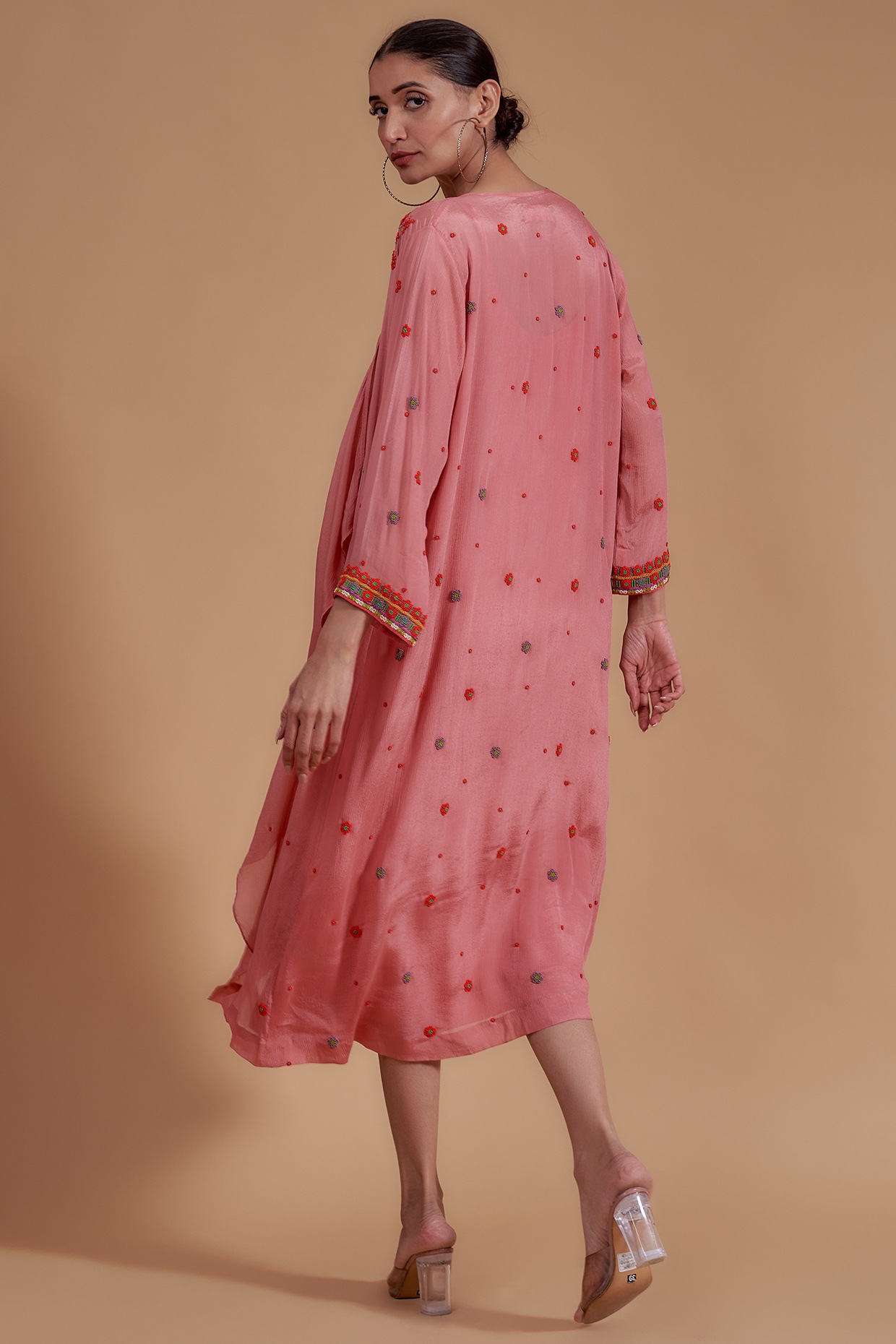 Pink Crepe Chiffon Hand Embroidered Jacket Dress Design by Half Full Curve  at Pernia's Pop Up Shop 2024