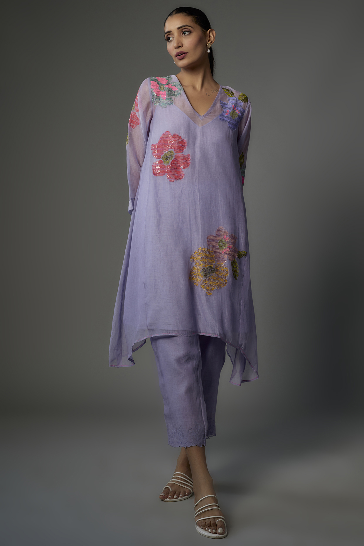 Purple Fine Chanderi Embroidered Kurta Set by Half Full Curve at Pernia's Pop Up Shop
