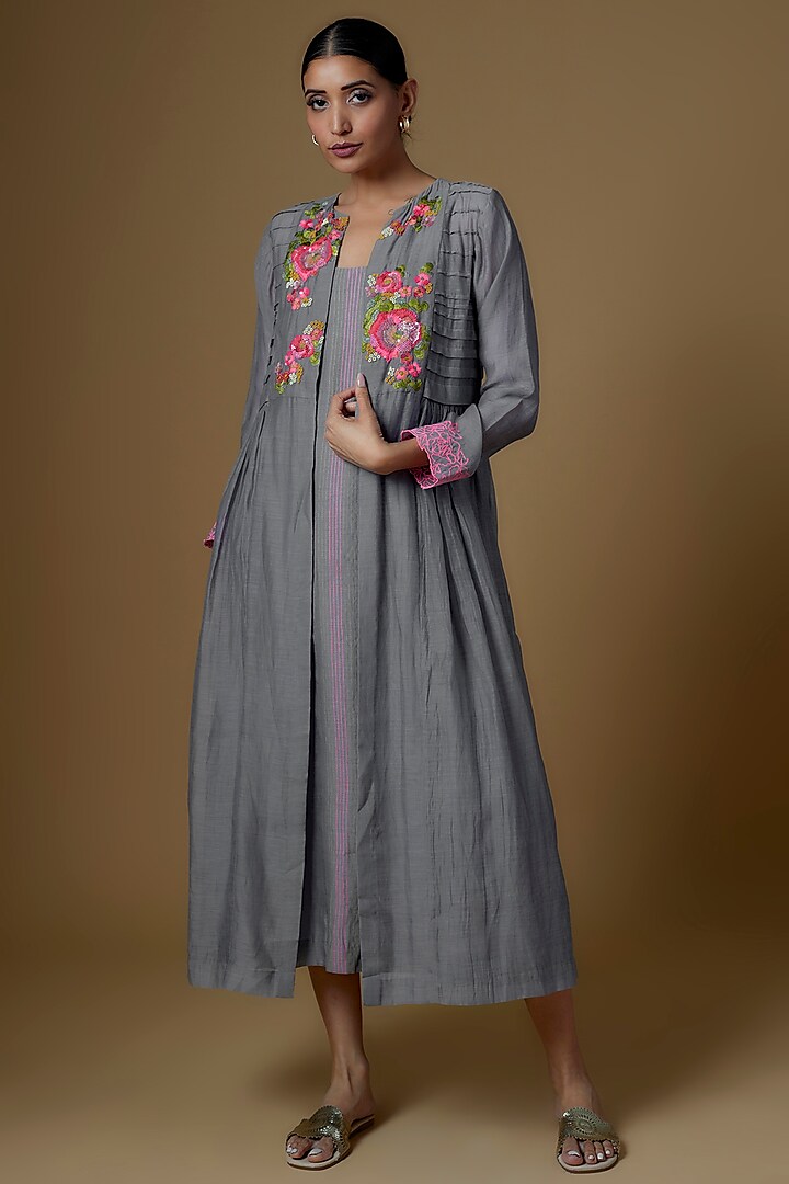 Grey Chanderi Hand Embroidered Jacket Dress by Half Full Curve