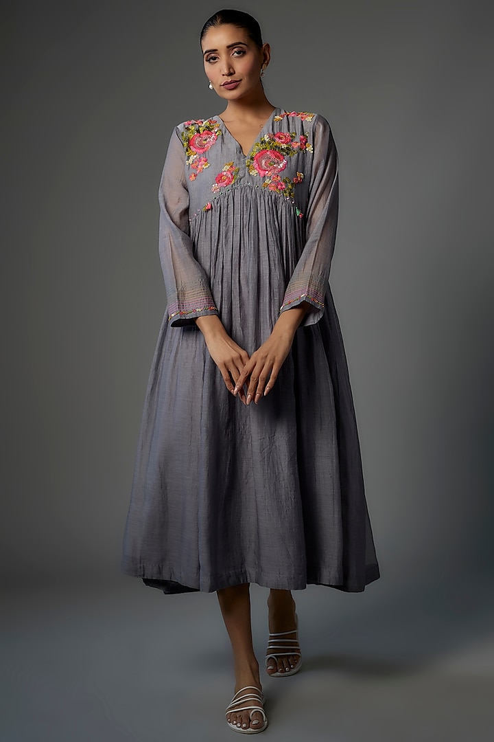 Grey Fine Chanderi Embroidered Dress by Half Full Curve