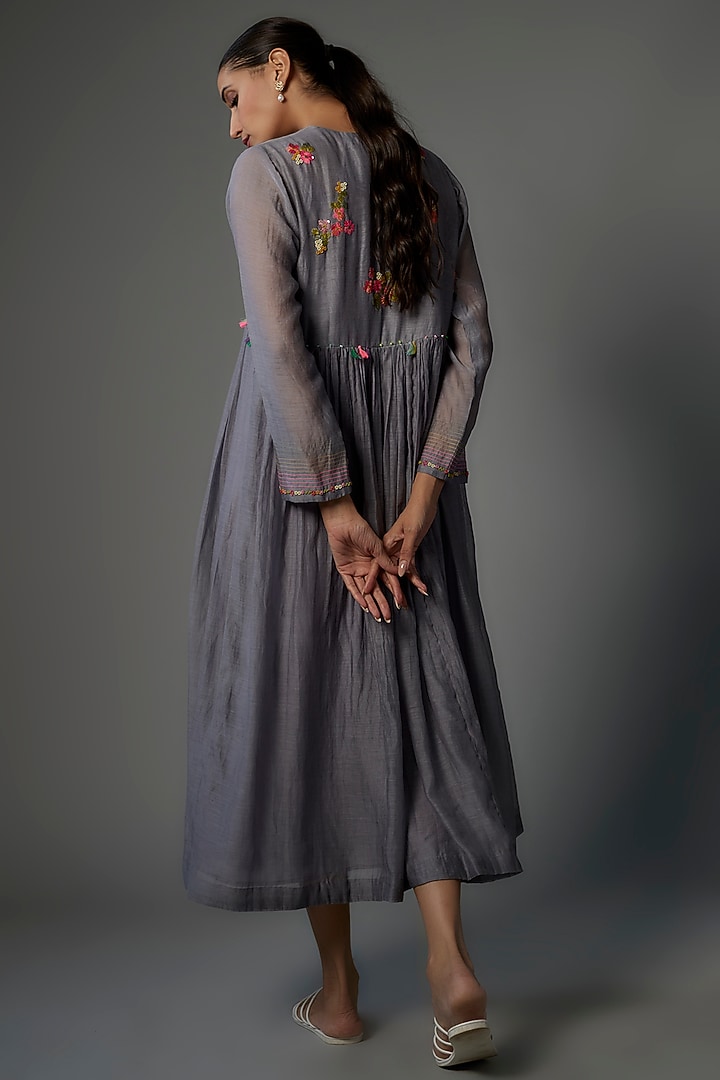 Grey Fine Chanderi Embroidered Vacation Dress by Half Full Curve at Pernia's Pop Up Shop