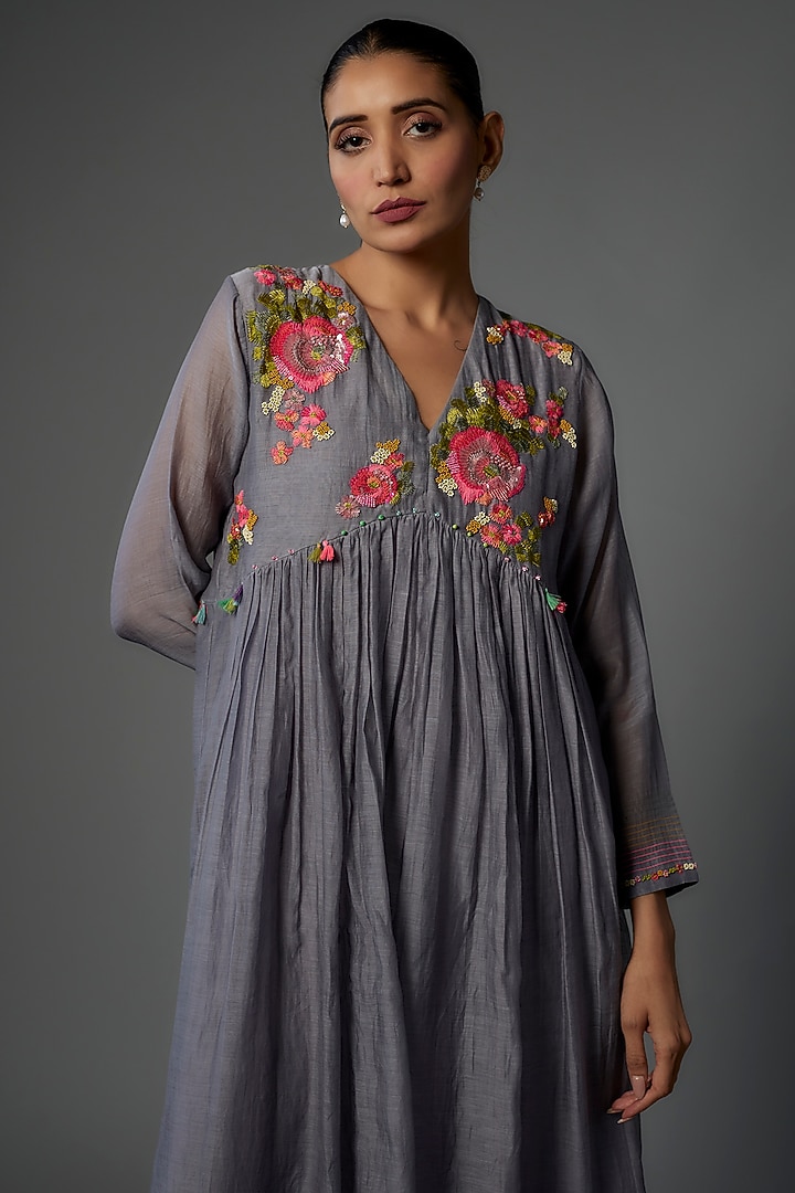 Grey Fine Chanderi Embroidered Vacation Dress by Half Full Curve at Pernia's Pop Up Shop