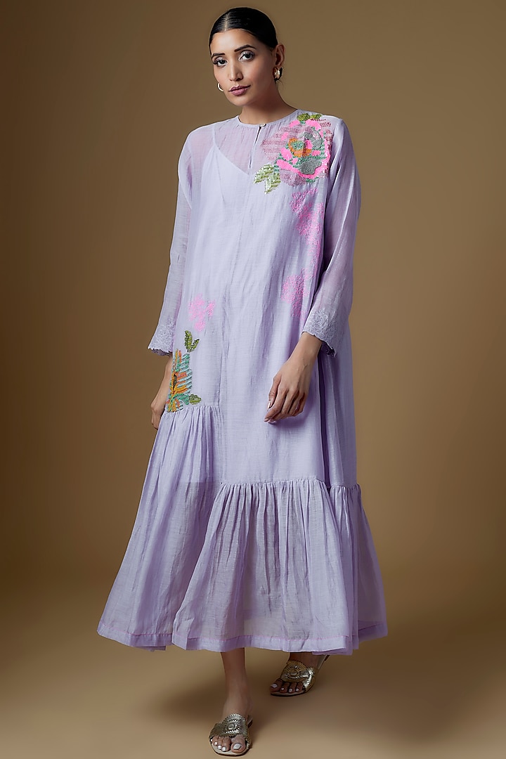 Purple Chanderi Hand Embroidered Dress by Half Full Curve at Pernia's Pop Up Shop