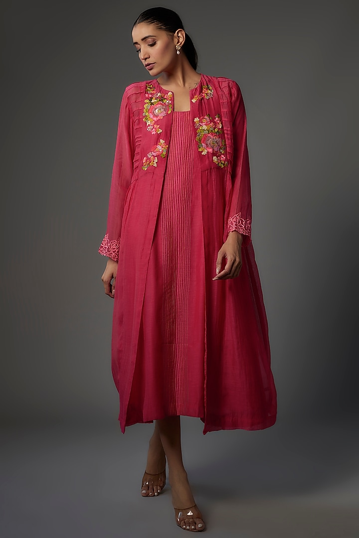 Pink Fine Chanderi Embroidered Jacket Dress by Half Full Curve