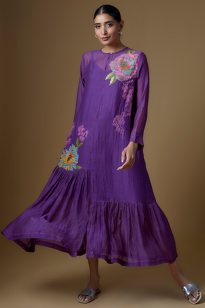 Purple Chanderi Hand Embroidered Dress by Half Full Curve at Pernia's Pop Up Shop