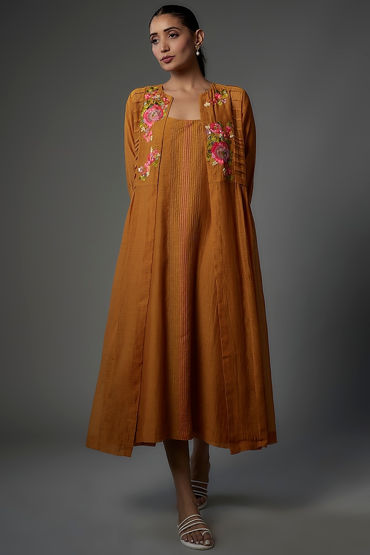 Mustard Fine Chanderi Embroidered Jacket Dress by Half Full Curve