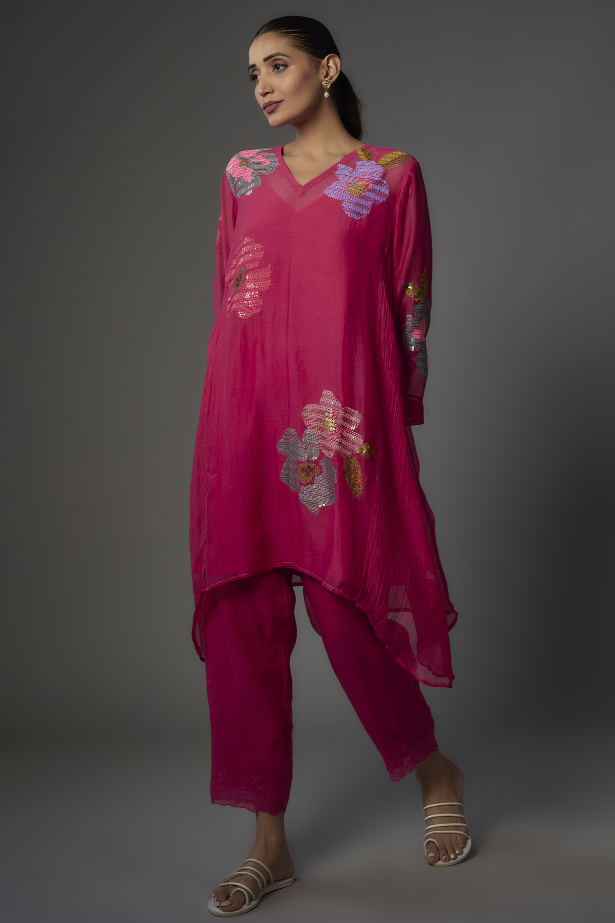 Pink Fine Chanderi Embroidered Kurta Set by Half Full Curve at Pernia's Pop Up Shop