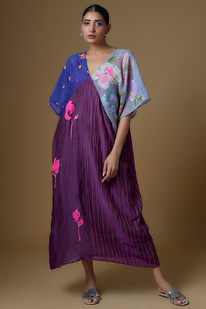 Multi-Colored Chanderi Hand Embroidered Square Kaftan by Half Full Curve at Pernia's Pop Up Shop