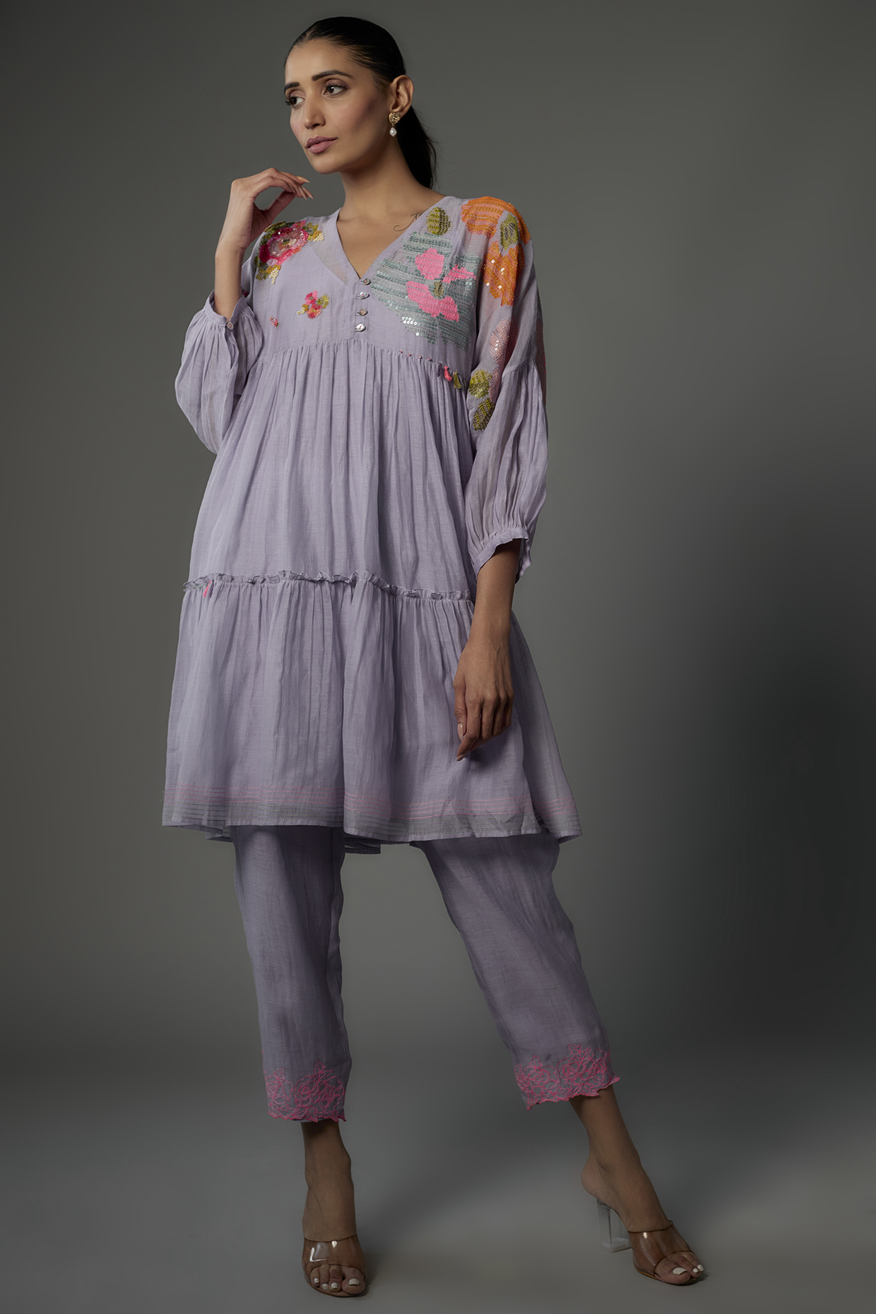 Purple Fine Chanderi Embroidered Kurta Set by Half Full Curve at Pernia's Pop Up Shop