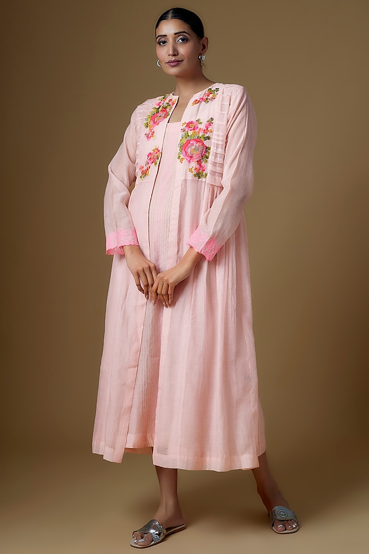 Pink Chanderi Hand Embroidered Jacket Dress by Half Full Curve