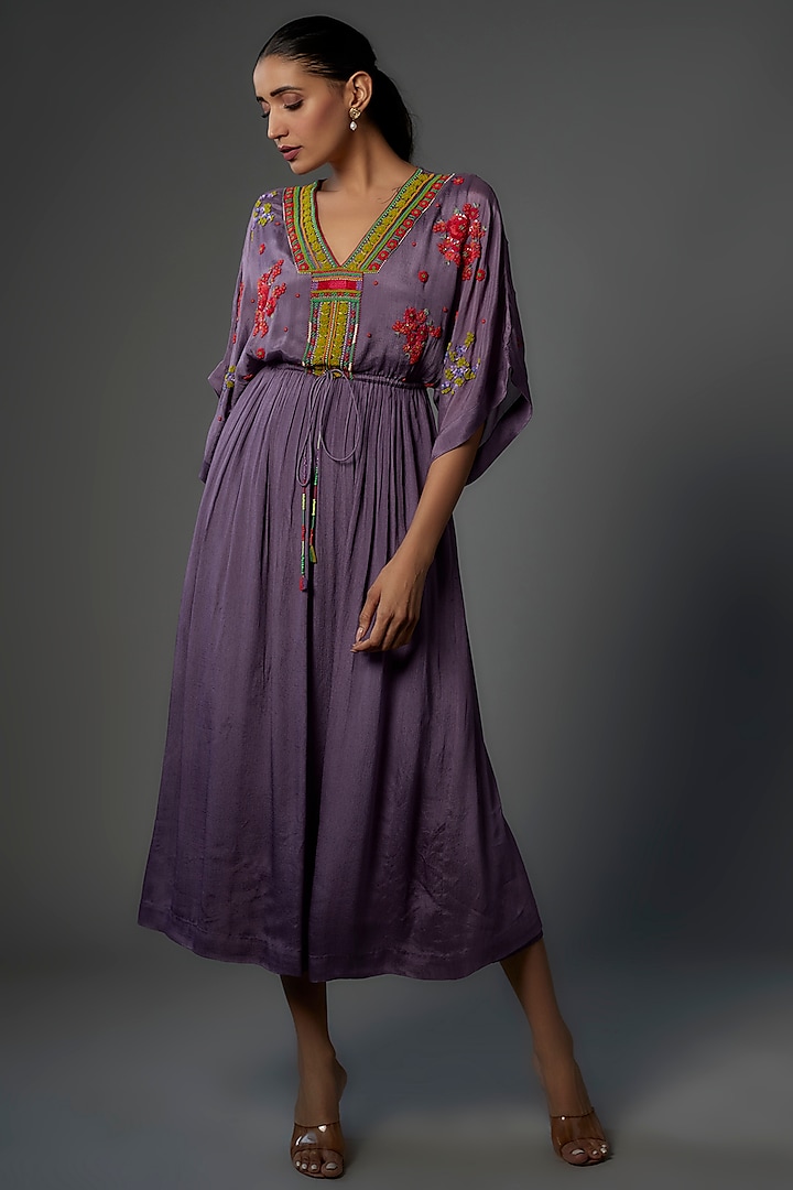 Purple Crepe Chiffon Embroidered Dress by Half Full Curve at Pernia's Pop Up Shop