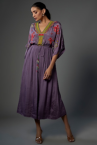 Purple Crepe Chiffon Embroidered Dress by Half Full Curve