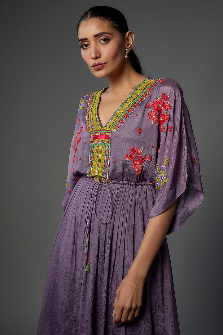 Purple Crepe Chiffon Embroidered Vacation Dress by Half Full Curve at Pernia's Pop Up Shop