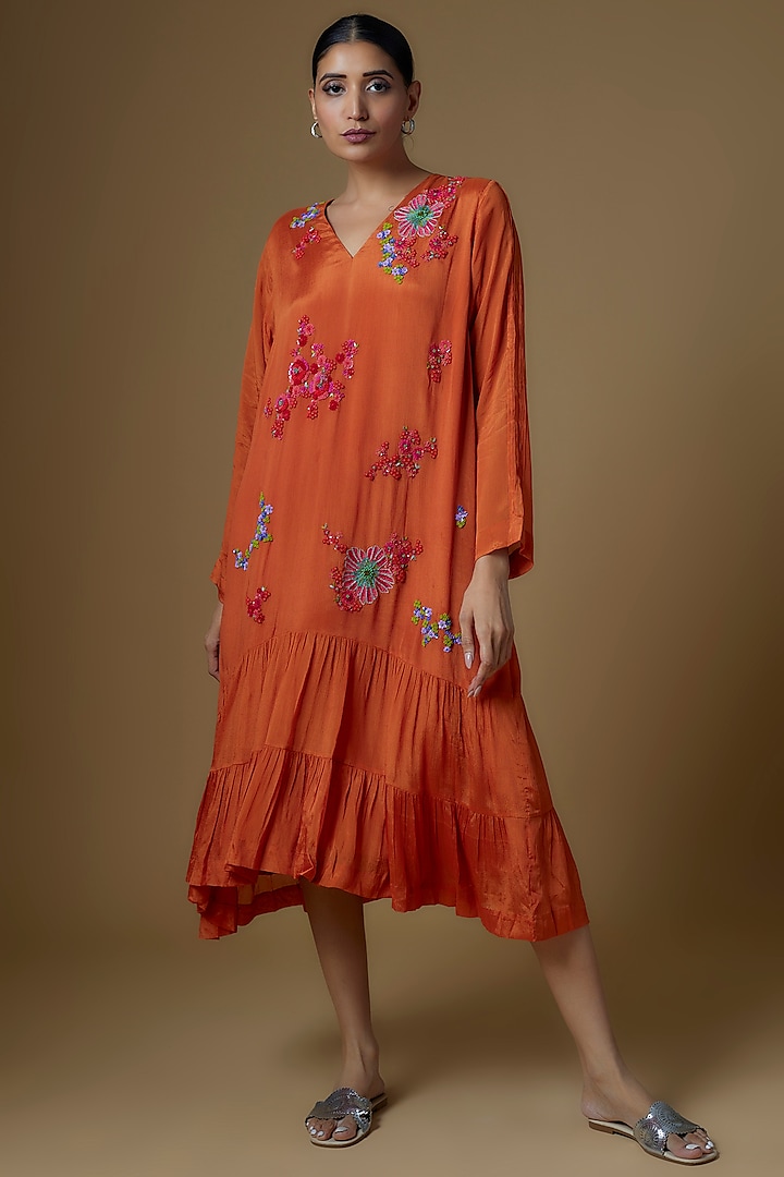 Orange Crepe Chiffon Hand Embroidered Midi Dress by Half Full Curve