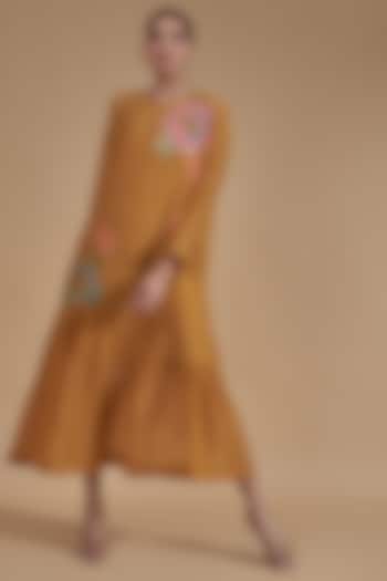 Yellow Fine Chanderi Hand Embroidered Dress by Half Full Curve
