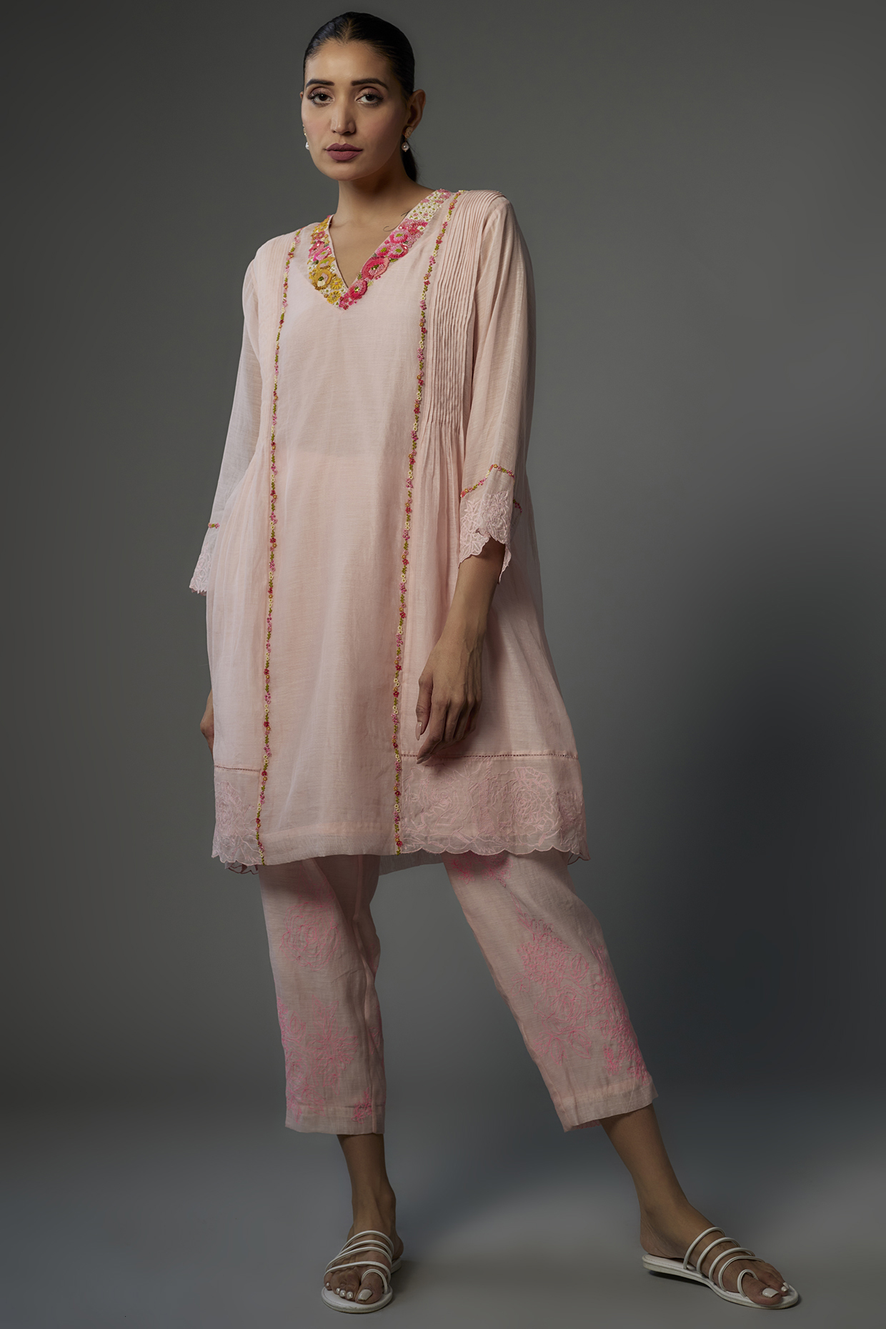 Pink Fine Chanderi Embroidered Kurta Set by Half Full Curve at Pernia's Pop Up Shop