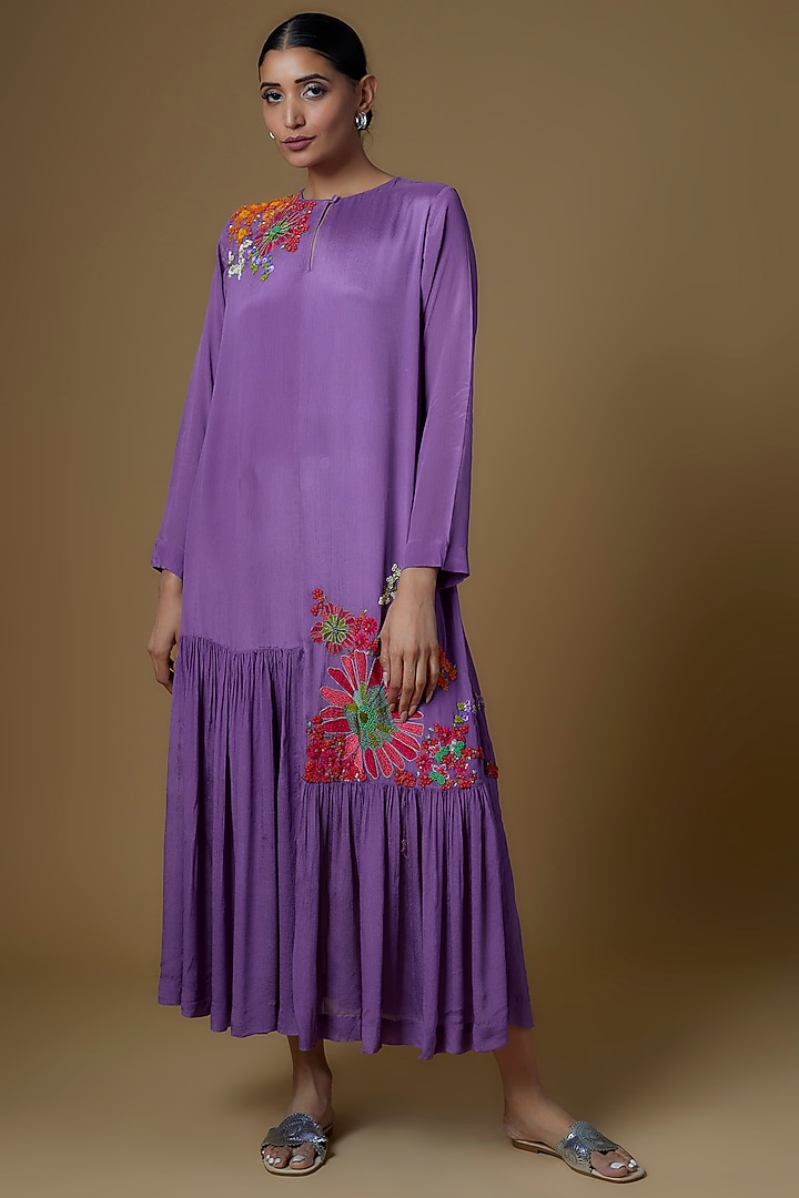 Lilac Crepe Chiffon Hand Embroidered Vacation Dress by Half Full Curve at Pernia's Pop Up Shop