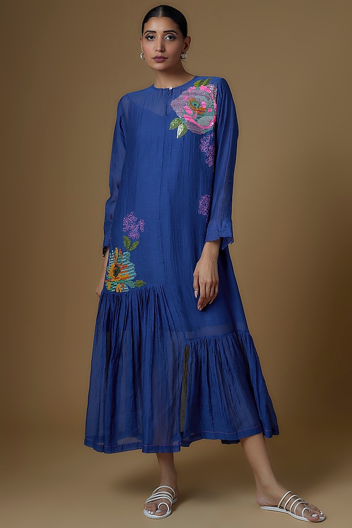 Blue Chanderi Hand Embroidered Dress by Half Full Curve