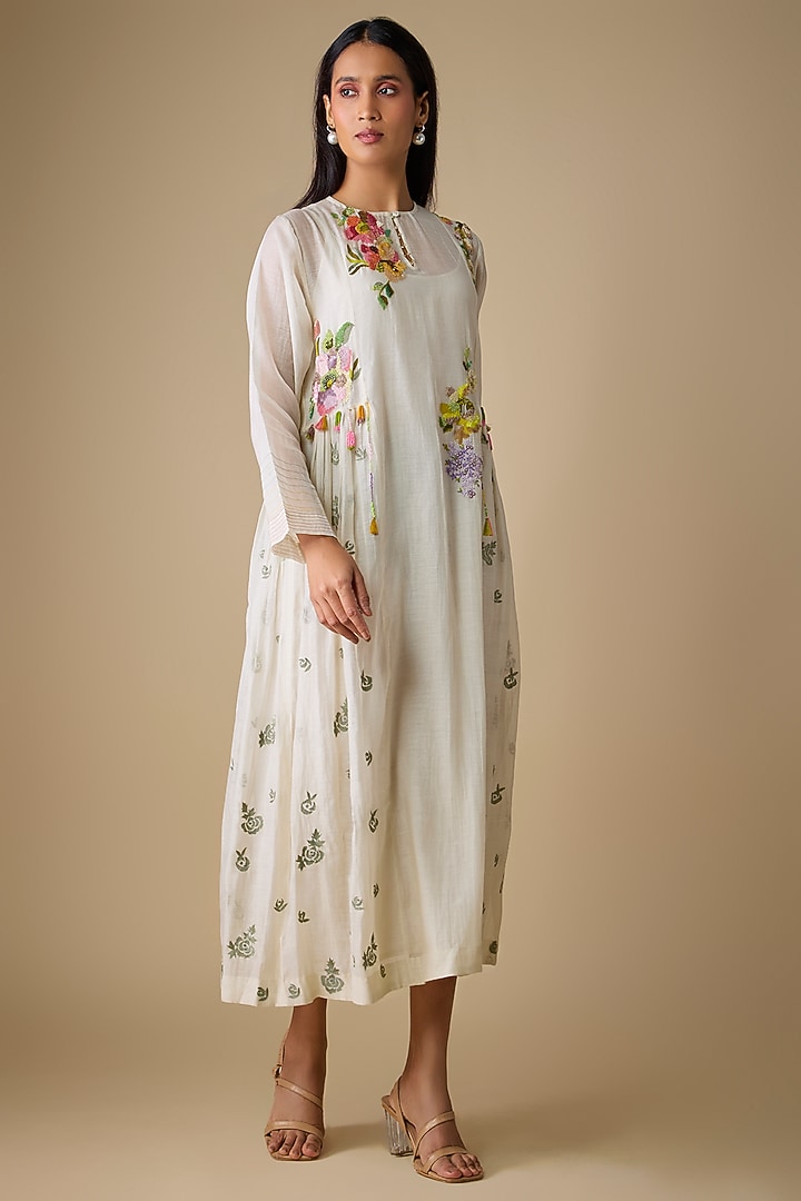 Ivory Fine Chanderi Embroidered Vacation Dress by Half Full Curve at Pernia's Pop Up Shop