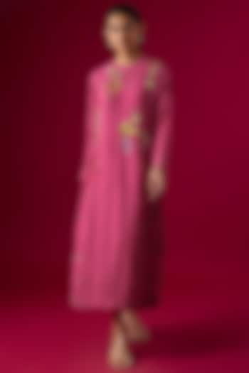 Pink Fine Chanderi Embroidered Paneled Vacation Dress by Half Full Curve at Pernia's Pop Up Shop