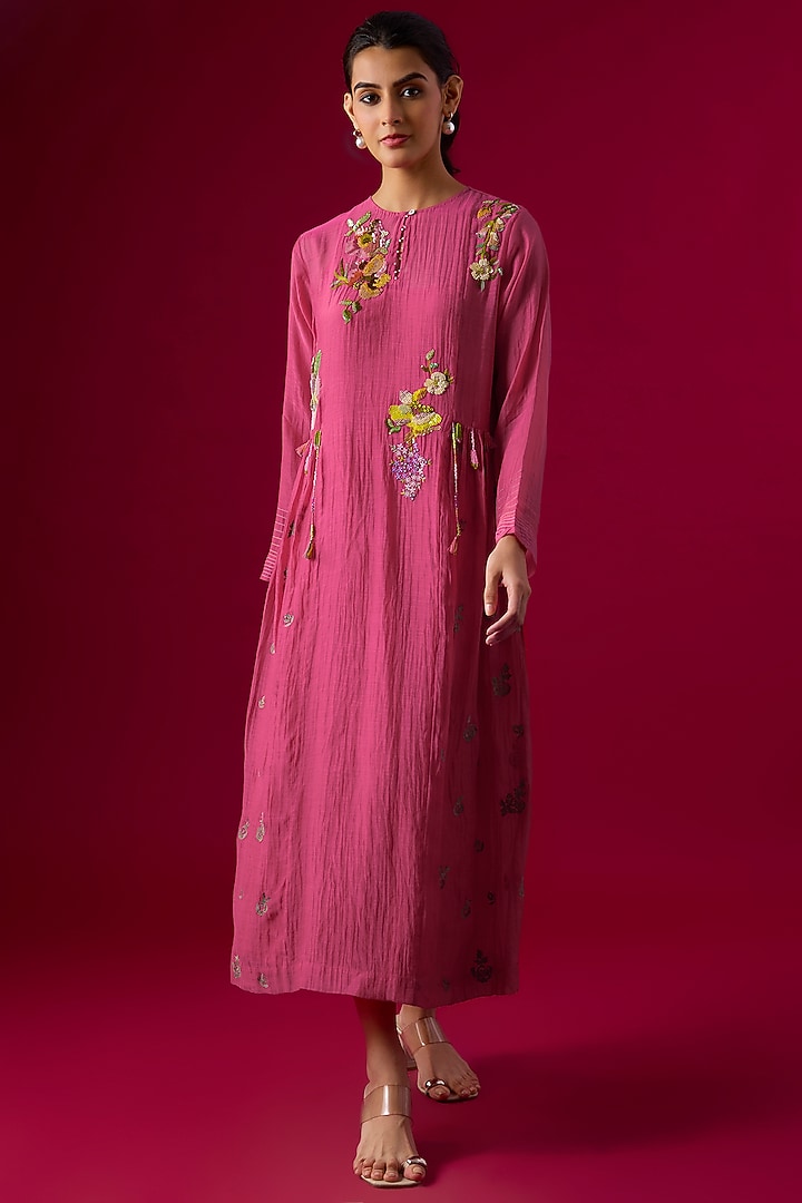 Pink Fine Chanderi Embroidered Paneled Vacation Dress by Half Full Curve at Pernia's Pop Up Shop