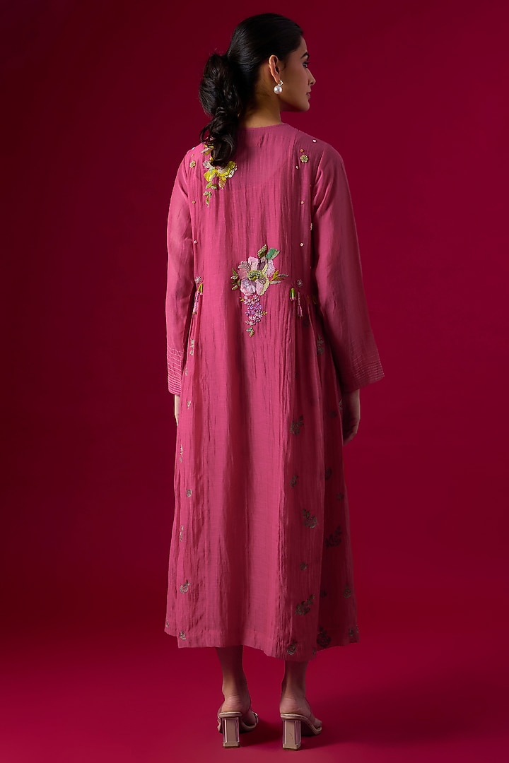 Pink Fine Chanderi Embroidered Paneled Vacation Dress by Half Full Curve at Pernia's Pop Up Shop