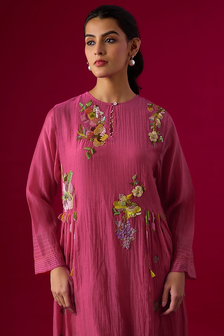 Pink Fine Chanderi Embroidered Paneled Vacation Dress by Half Full Curve at Pernia's Pop Up Shop