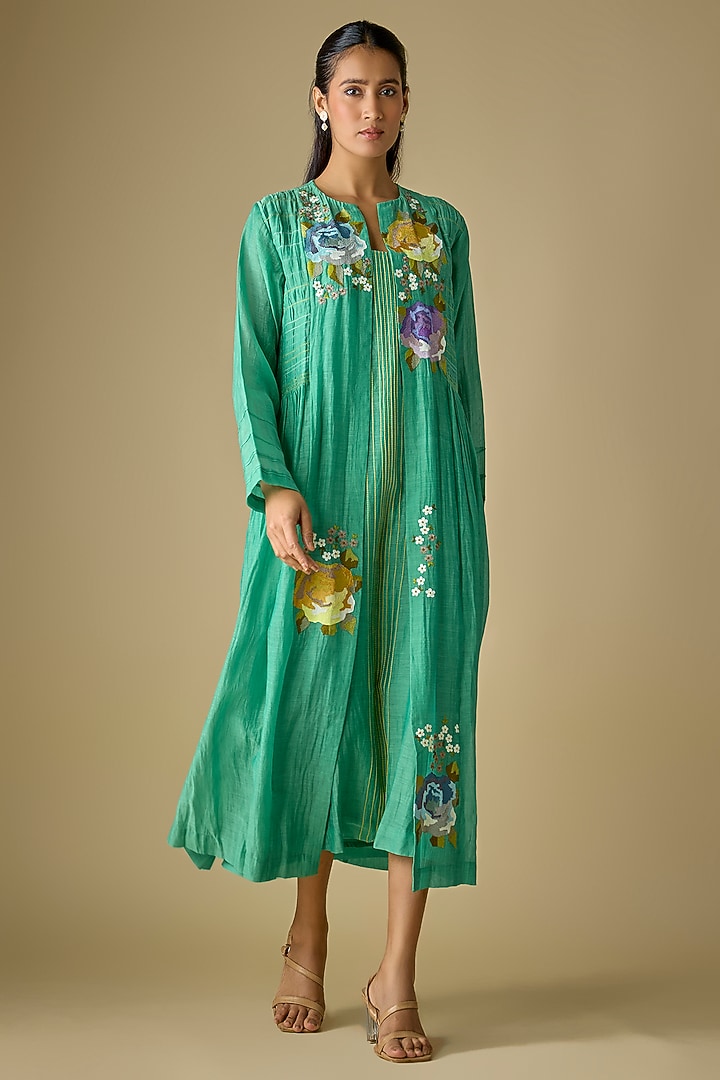 Blue Fine Chanderi Embroidered Jacket Set by Half Full Curve at Pernia's Pop Up Shop