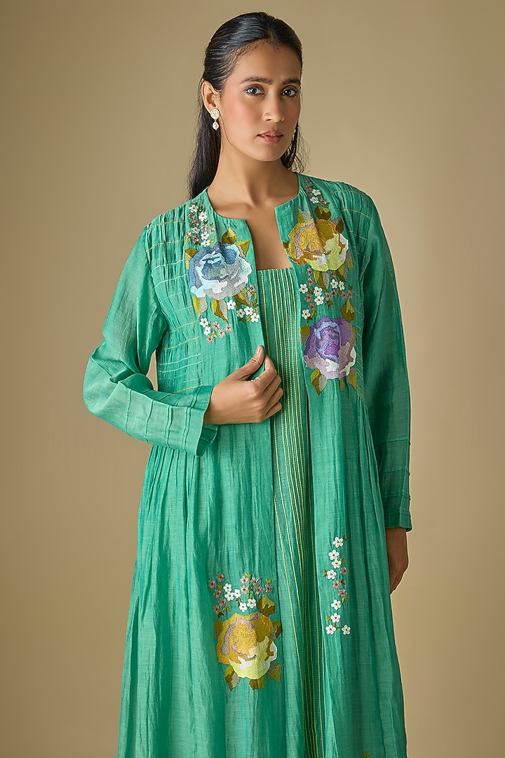 Blue Fine Chanderi Embroidered Jacket Set by Half Full Curve at Pernia's Pop Up Shop