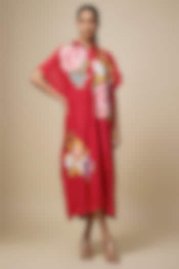Red Fine Chanderi Floral Embroidered Kaftan by Half Full Curve at Pernia's Pop Up Shop