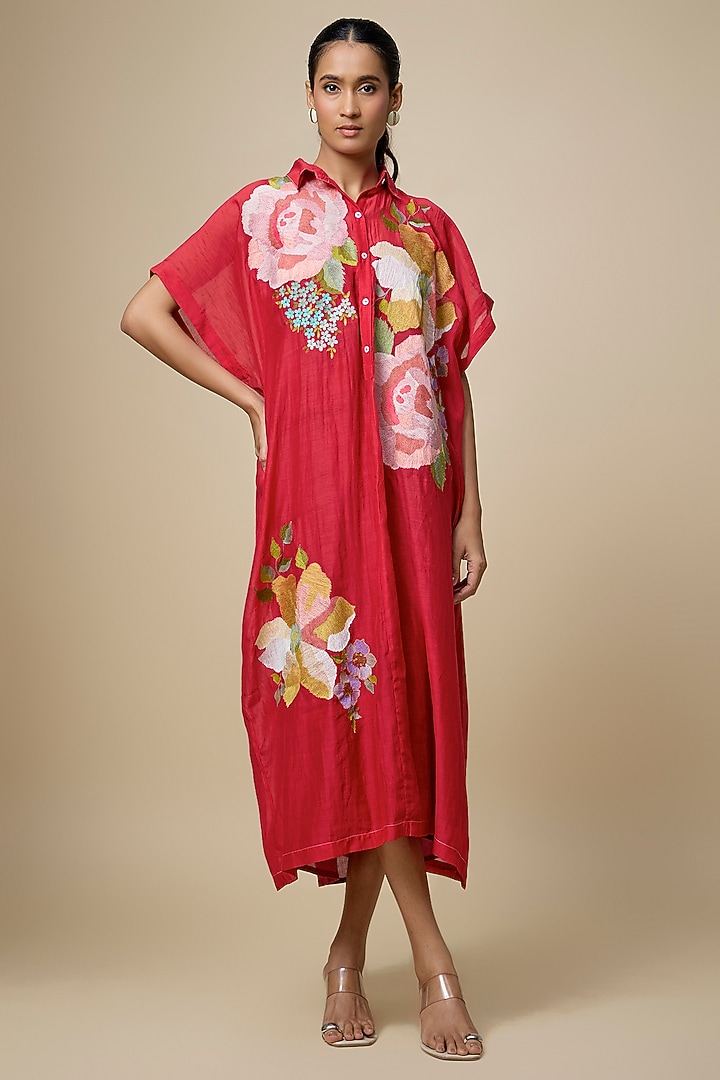 Red Fine Chanderi Floral Embroidered Kaftan by Half Full Curve at Pernia's Pop Up Shop