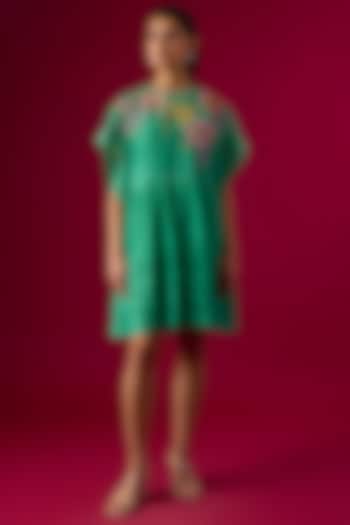 Blue Fine Chanderi Embroidered Mini Vacation Dress by Half Full Curve at Pernia's Pop Up Shop