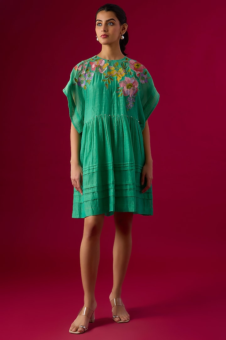 Blue Fine Chanderi Embroidered Mini Vacation Dress by Half Full Curve at Pernia's Pop Up Shop